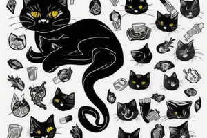 Black cat smoking a joint tattoo idea