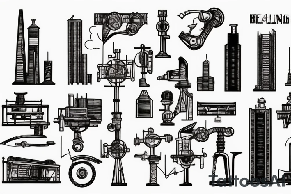 industrial balancing scales, the size of skyscrapers horizon apocalyptic tattoo idea