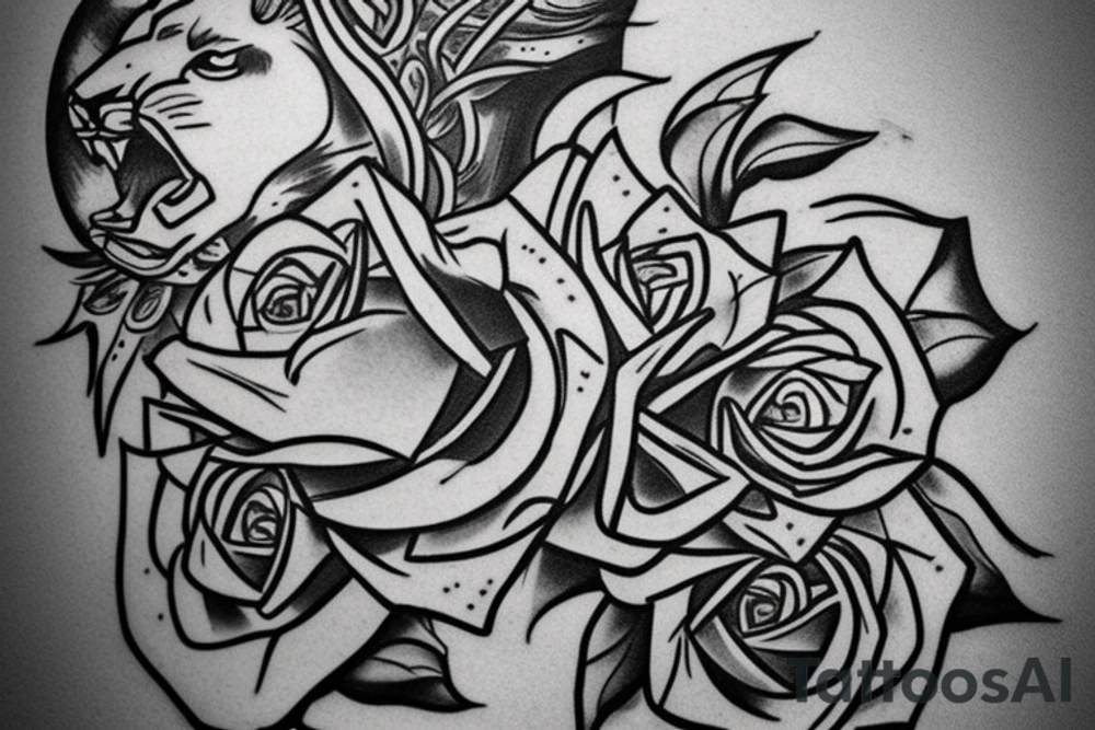 Feace Lion out the feont of a Greek building include roses and a cristian cross tattoo idea