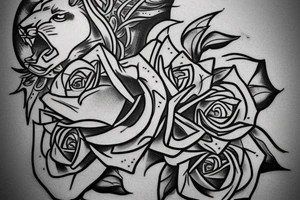 Feace Lion out the feont of a Greek building include roses and a cristian cross tattoo idea