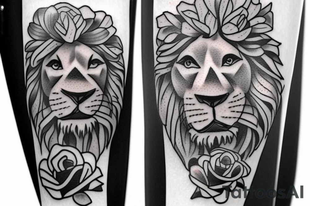 Feace Lion out the feont of a Greek building include roses and a cristian cross tattoo idea