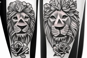 Feace Lion out the feont of a Greek building include roses and a cristian cross tattoo idea