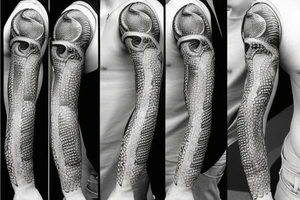 Create a snake whole arm tattoo with snake head on collar bone tattoo idea