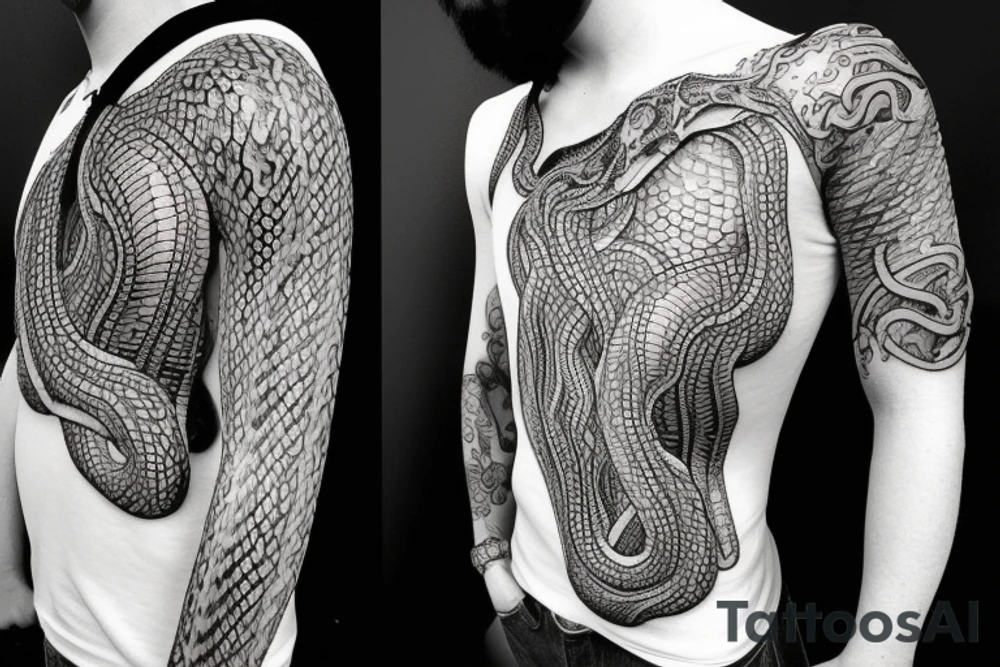 Create a snake wrapping down whole arm tattoo with snake head on collar bone tattoo idea