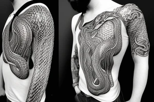 Create a snake wrapping down whole arm tattoo with snake head on collar bone tattoo idea