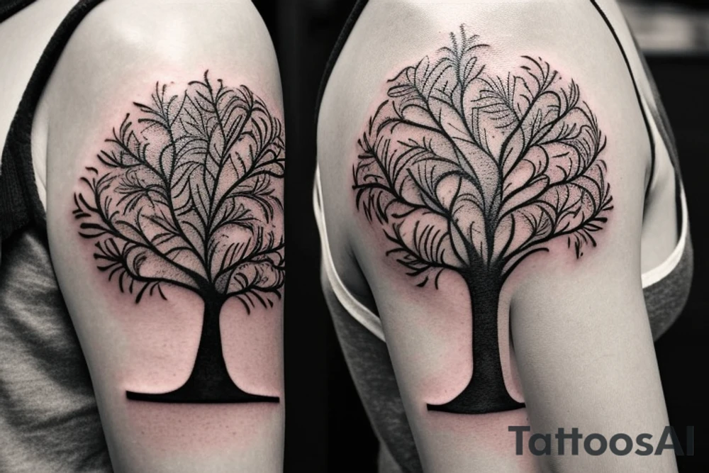 The tattoo should be black with shading
The position will be a "sleeve" on the right hand at the top of the hand, including a small spill after the elbow towards the forearm. The tattoo should contain: the tree of life should appear in the center of the tattoo, around it / inside it will appear elements such as a pile of books, monstera-type houseplants and a wandering Jew. In addition, two girls aged 4 and 10 should sit on a tree branch. Next to each girl will be a seal of a kiss, the kiss will be red in color. The rest of the tattoo will be in shades of gray and black tattoo idea