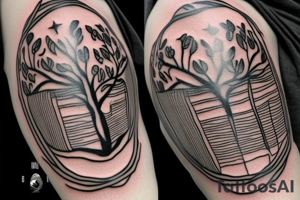 The tattoo should be black with shading
The position will be a "sleeve" on the right hand at the top of the hand, including a small spill after the elbow towards the forearm. The tattoo should contain: the tree of life should appear in the center of the tattoo, around it / inside it will appear elements such as a pile of books, monstera-type houseplants and a wandering Jew. In addition, two girls aged 4 and 10 should sit on a tree branch. Next to each girl will be a seal of a kiss, the kiss will be red in color. The rest of the tattoo will be in shades of gray and black tattoo idea