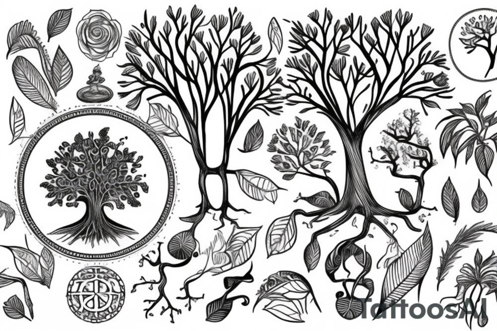 tree of life and around it - books and house plants tattoo idea