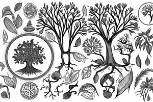 tree of life and around it - books and house plants tattoo idea