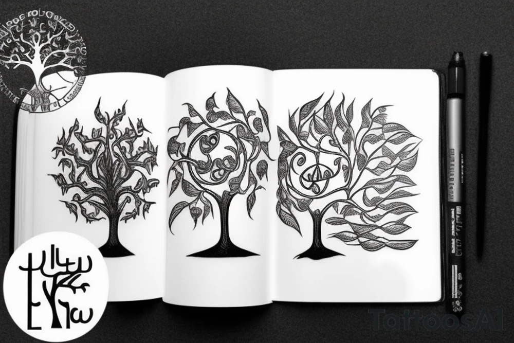 tree of life and around it - books and house plants tattoo idea