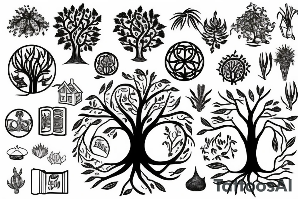 tree of life and around it - books and house plants tattoo idea