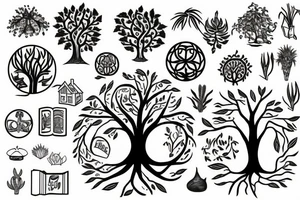 tree of life and around it - books and house plants tattoo idea