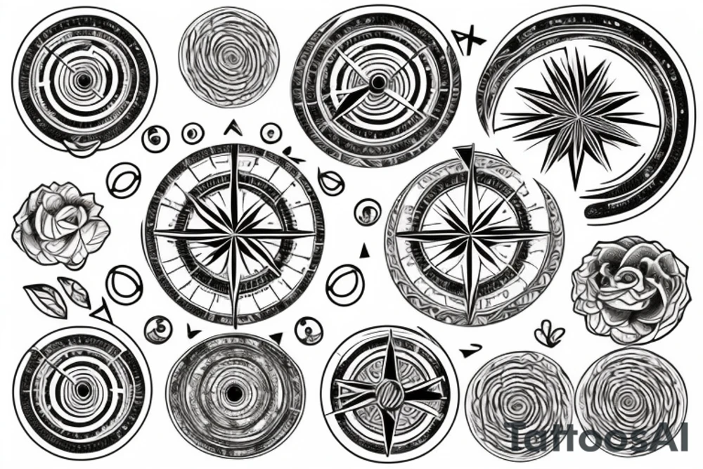 moon within a circle on the left, compass within a circle on the right, acanthus leaves surrounding the circles tattoo idea