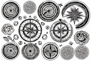 moon within a circle on the left, compass within a circle on the right, acanthus leaves surrounding the circles tattoo idea