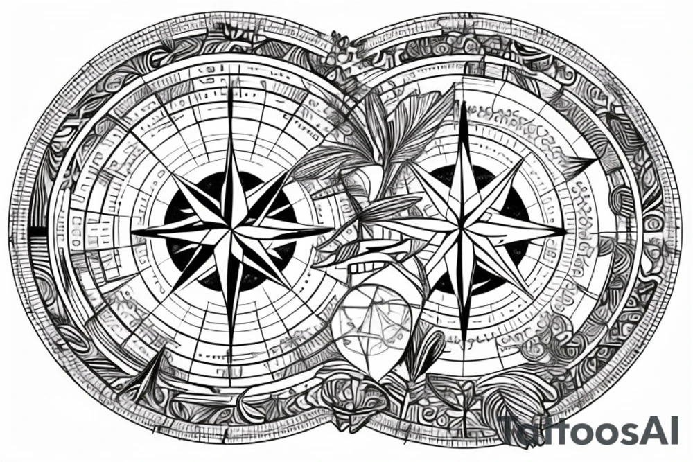 moon within a circle on the left, compass within a circle on the right, acanthus leaves surrounding the circles tattoo idea