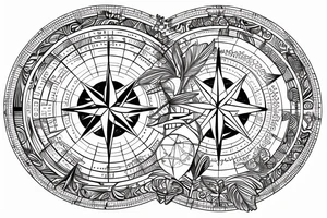 moon within a circle on the left, compass within a circle on the right, acanthus leaves surrounding the circles tattoo idea
