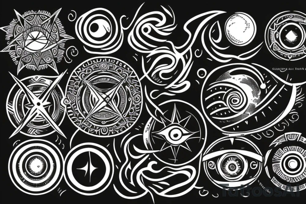 moon within a circle on the left, compass within a circle on the right, ocean waves and scrolling lines in between tattoo idea