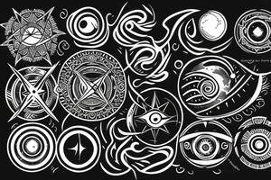 moon within a circle on the left, compass within a circle on the right, ocean waves and scrolling lines in between tattoo idea