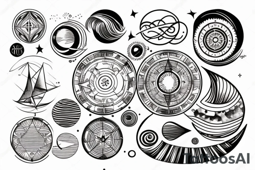 moon within a circle on the left, compass within a circle on the right, ocean waves and scrolling lines in between tattoo idea