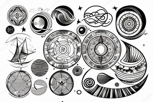 moon within a circle on the left, compass within a circle on the right, ocean waves and scrolling lines in between tattoo idea