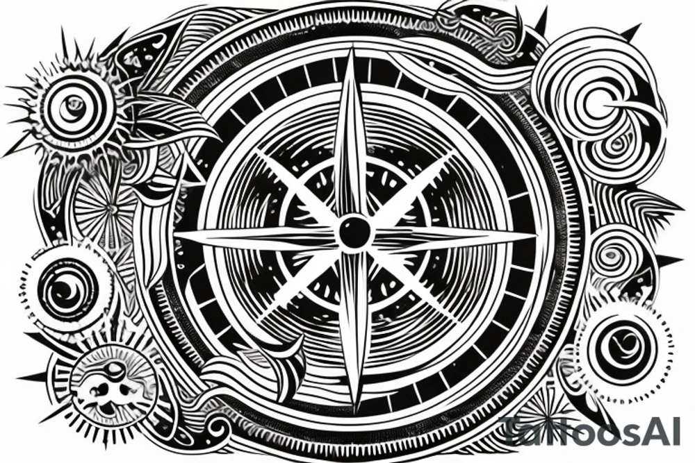 lower back tattoo with a moon within a sun encircled with black outline to the left, a compass within a circle to the right and  a band of ocean waves in the middle surrounding the circles tattoo idea
