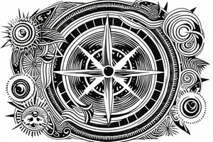 lower back tattoo with a moon within a sun encircled with black outline to the left, a compass within a circle to the right and  a band of ocean waves in the middle surrounding the circles tattoo idea