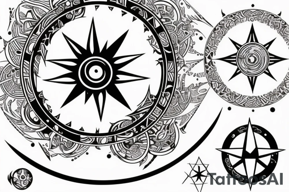lower back tattoo with a moon within a sun encircled with black outline to the left, a compass within a circle to the right and  a band of ocean waves in the middle surrounding the circles tattoo idea