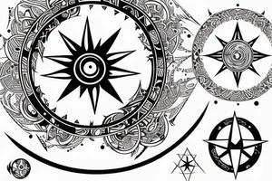 lower back tattoo with a moon within a sun encircled with black outline to the left, a compass within a circle to the right and  a band of ocean waves in the middle surrounding the circles tattoo idea