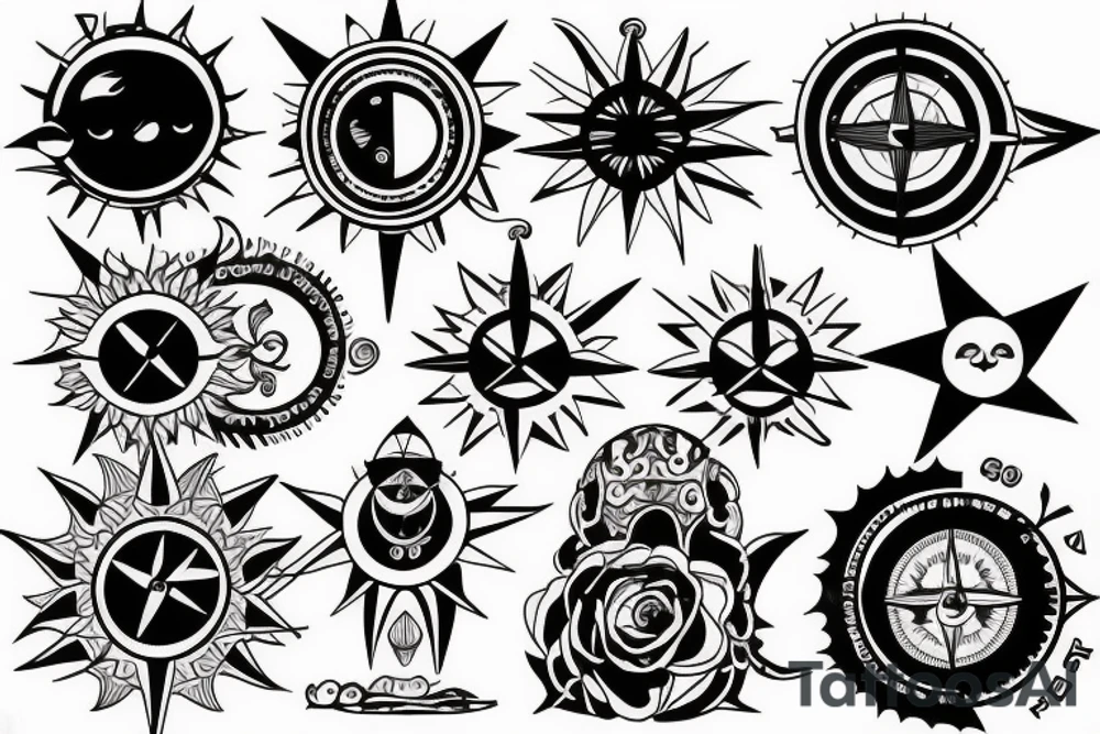 wanderlust tattoo with a compass and a moon inside a sun shape tattoo idea