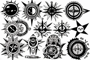 wanderlust tattoo with a compass and a moon inside a sun shape tattoo idea