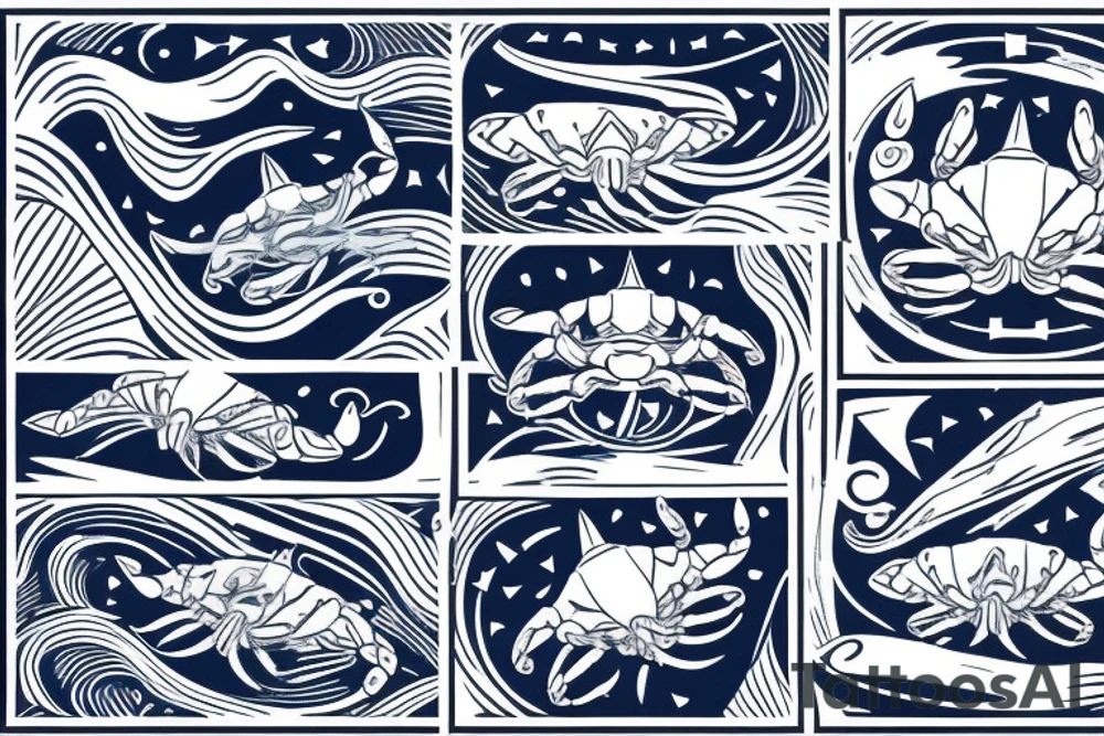 a sea of ocean waves with a compass and blue crab embedded in the lines of the waves tattoo idea