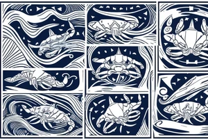 a sea of ocean waves with a compass and blue crab embedded in the lines of the waves tattoo idea