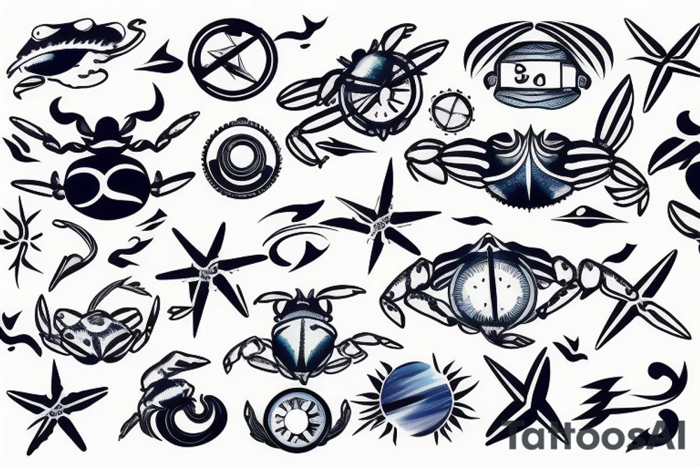 a sea of ocean waves with a compass and blue crab embedded in the lines of the waves tattoo idea