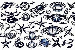 a sea of ocean waves with a compass and blue crab embedded in the lines of the waves tattoo idea