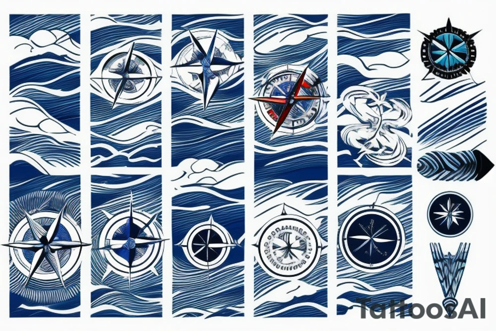 a sea of ocean waves with a compass and blue crab embedded in the lines of the waves tattoo idea