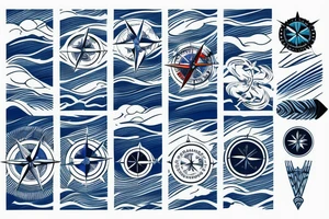 a sea of ocean waves with a compass and blue crab embedded in the lines of the waves tattoo idea