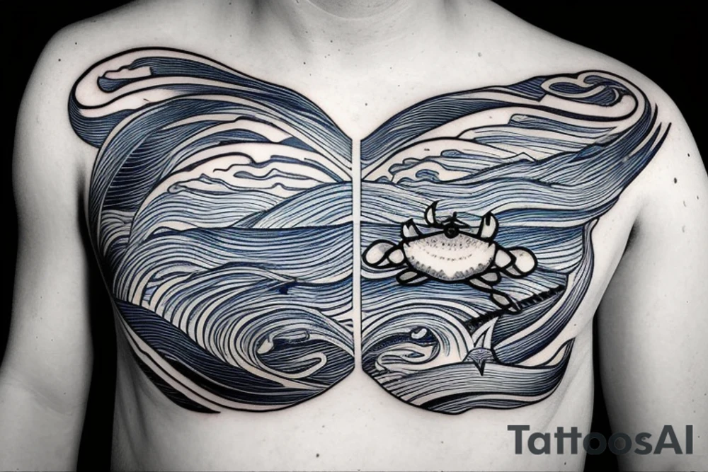 a sea of ocean waves with a compass and blue crab embedded in the lines of the waves tattoo idea