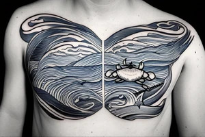 a sea of ocean waves with a compass and blue crab embedded in the lines of the waves tattoo idea