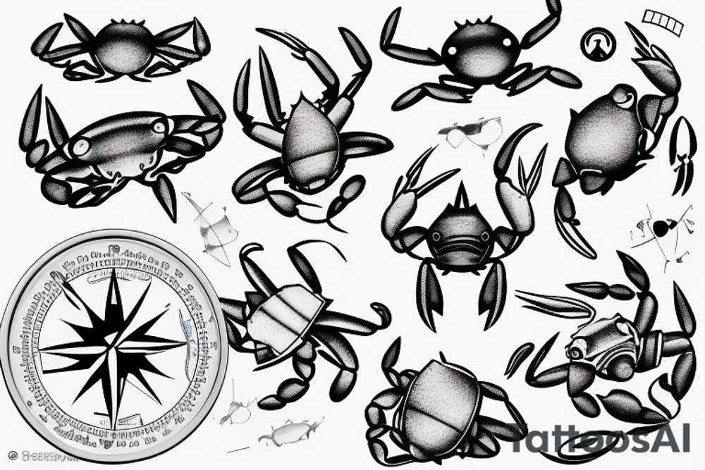 a sea of ocean waves with a compass and blue crab embedded in the lines of the waves tattoo idea