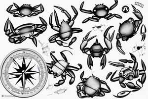 a sea of ocean waves with a compass and blue crab embedded in the lines of the waves tattoo idea