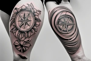 compass with ocean waves and tropical flowers tattoo idea