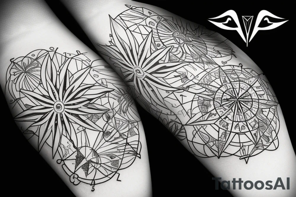 compass with ocean waves and tropical flowers tattoo idea