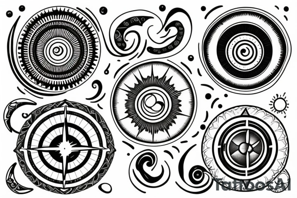 three circles: one compass, one moon inside a sun, and one with ocean waves tattoo idea three circles: one compass, one moon inside a sun, and one with ocean waves tattoo idea