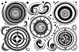 three circles: one compass, one moon inside a sun, and one with ocean waves tattoo idea