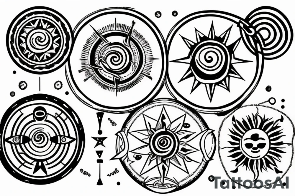 three circles: one compass, one moon inside a sun, and one with ocean waves tattoo idea