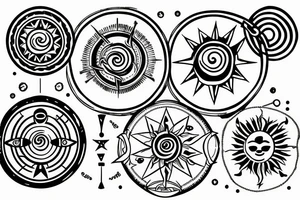 three circles: one compass, one moon inside a sun, and one with ocean waves tattoo idea
