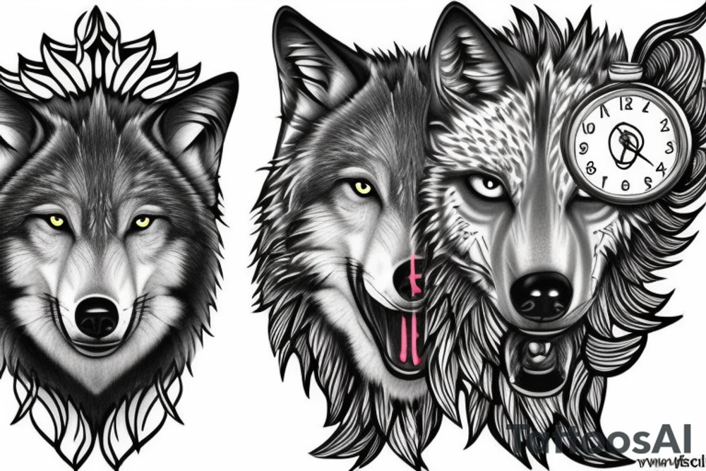 Wolf and clock with blue eyes tattoo idea