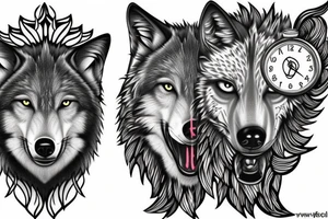 Wolf and clock with blue eyes tattoo idea