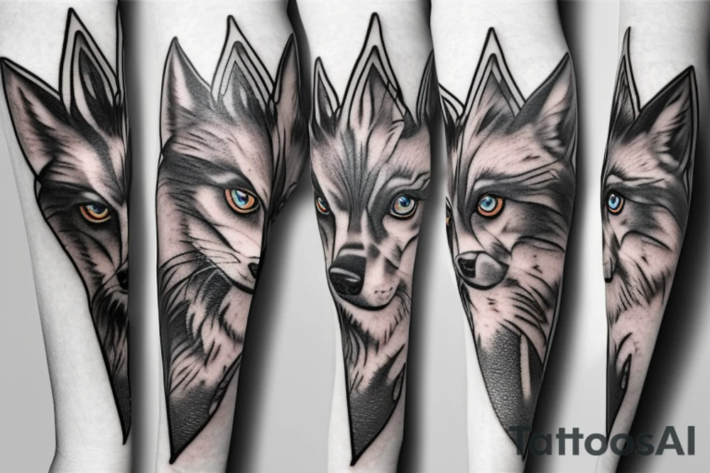 Wolf and clock with blue eyes tattoo idea