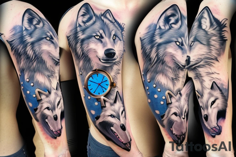Wolf and clock with blue eyes tattoo idea